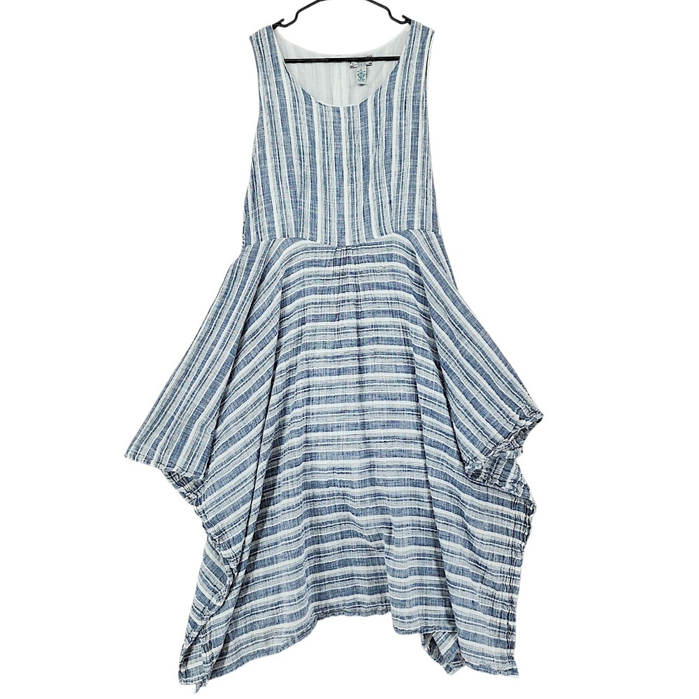 Studio West Dress L Lagenlook Blue Striped Cotton Boho Handkerchief Hem Gauzy